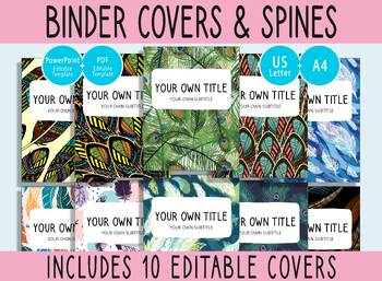 Preview of 10 Editable Feather Pattern Binder Covers, 1, 1.5, 2"Spines, A4+Letter, PDF+PPTX