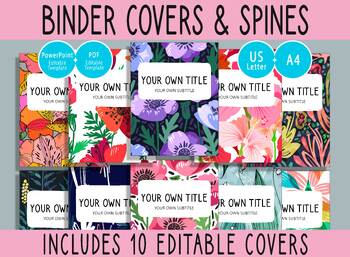 Preview of 10 Editable Flower Pattern Binder Covers, 1, 1.5, 2" Spines, A4+Letter, PDF+PPTX