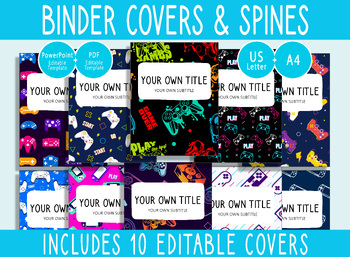 Preview of 10 Editable Gamer Pattern Binder Covers, 1, 1.5, 2" Spines, A4+Letter, PDF+PPTX