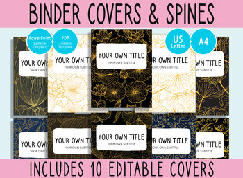 Preview of 10 Editable Golden Botanical Binder Covers, 1, 1.5,2"Spines, A4+Letter, PDF+PPTX