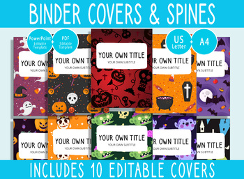 Preview of 10 Editable Halloween Binder Covers, 1, 1.5, 2" Spines, A4+Letter, PDF+PPTX
