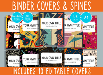 Preview of 10 Editable Jazz Music Binder Covers, 1, 1.5, 2" Spines, A4+Letter, PDF+PPTX