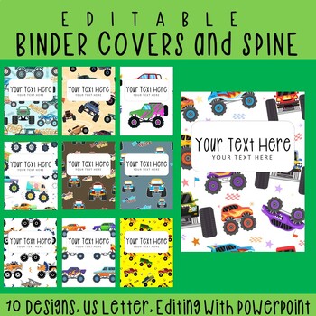 Preview of 10 Editable Monster Truck Pattern Binder Covers & Spines, US Letter, PowerPoint