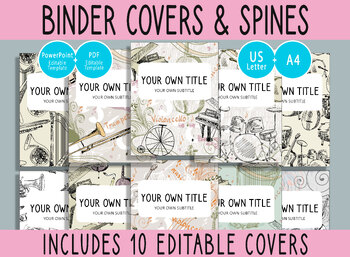 Preview of 10 Editable Musical Instrument Binder Covers,1, 1.5, 2"Spines,A4+Letter,PDF+PPTX