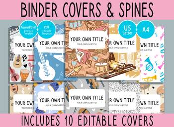 Preview of 10 Editable Musical Instruments Binder Covers, 1,1.5,2"Spines,A4+Letter,PDF+PPTX