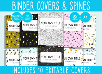Preview of 10 Editable Musical Note Binder Covers, 1, 1.5, 2" Spines, A4+Letter, PDF+PPTX
