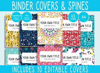 Preview of 10 Editable Musical Notes Binder Covers, 1, 1.5, 2" Spines, A4+Letter, PDF+PPTX