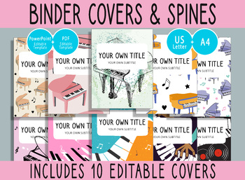 Preview of 10 Editable Piano Binder Covers, 1, 1.5, 2" Spines, A4+Letter, PDF+PPTX