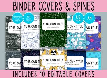 Preview of 10 Editable Science Pattern Binder Covers, 1, 1.5, 2" Spines,A4+Letter, PDF+PPTX