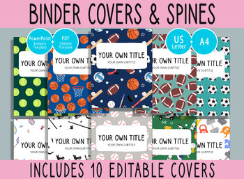 Preview of 10 Editable Sports Pattern Binder Covers, 1, 1.5, 2" Spines, A4+Letter, PDF+PPTX