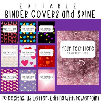 Preview of 10 Editable Sweet heart Valentine Binder Covers & Spines, US Letter, PowerPoint