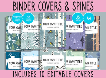 Preview of 10 Editable Winter Forest Binder Covers, 1, 1.5, 2" Spines, A4+Letter, PDF+PPTX