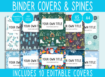 Preview of 10 Editable Winter Pattern Binder Covers, 1, 1.5, 2" Spines, A4+Letter, PDF+PPTX
