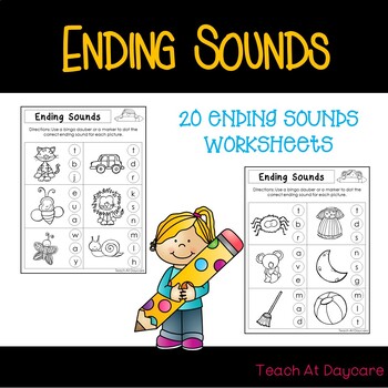 Preview of 20 Ending Sounds Worksheets. Preschool and Kindergarten Literacy Worksheets.