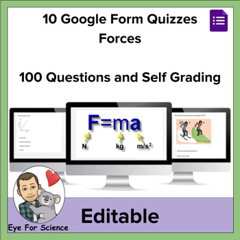 Preview of 10 Google Form Quizzes: Forces (100 Questions and Self Grading)