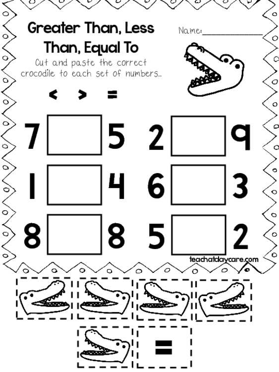10 greater than less than equal cut and paste the crocodile worksheets