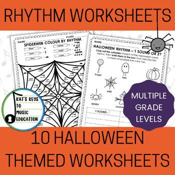 Preview of 10 Halloween Rhythm Worksheets - Take Home or In Class Music Worksheets (K-4)