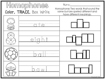 14 homophones color and writing worksheets kindergarten 1st grade ela