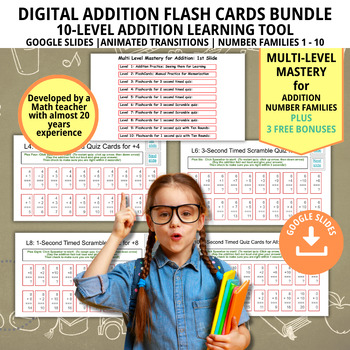 Preview of 10-Level Addition Flashcards Bundle, Math Practice, Math Facts