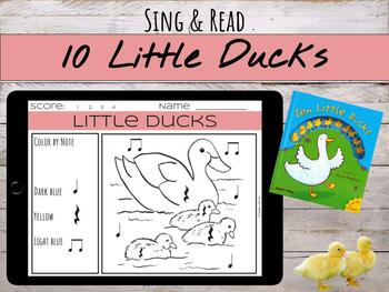 Preview of 10 Little Ducks" Book-based Music Lesson | Song, Coloring Worksheet, & Game