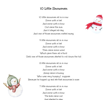 Preview of 10 Little Snowmen Finger Play Poem/Song Activity