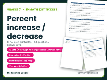 Preview of 10 Math Exit Tickets | Grade 7 | Percent increase / decrease | 50 Questions