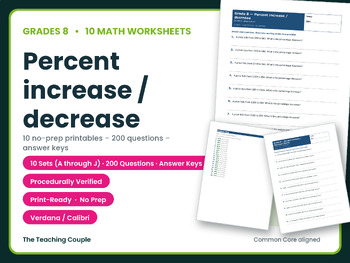 Preview of 10 Math Worksheets | Grade 8 | Percent increase / decrease | 200 Questions