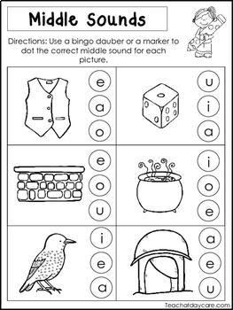 10 Middle Sounds Worksheets. Preschool and Kindergarten Literacy