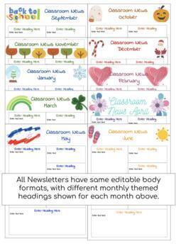 Preview of 10 Monthly themed Newsletters formats with editable texts