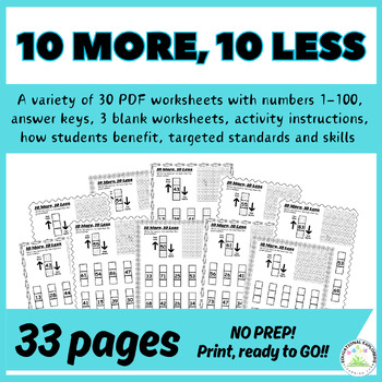 Preview of 10 More, 10 Less Worksheets - No Prep, Print and Go!