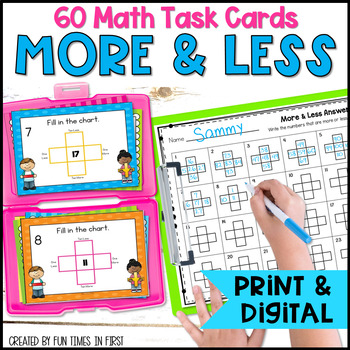 Preview of More and Less Math Task Cards: 10 More 10 Less 1 More 1 Less and Google Slides