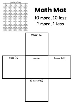 Preview of 10 More, 10 Less, 1 More, 1 Less Place Value Mat (With and Without 100 Chart)