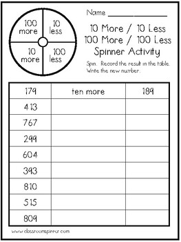 10 More / 10 Less 100 More / 100 Less Classroom Pencil Spinner Activity