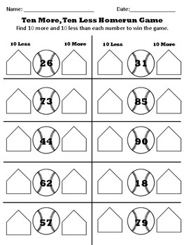 10 more 10 less baseball worksheet by julia barnes tpt