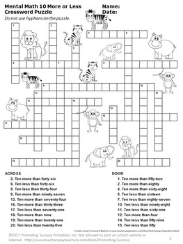 10 More 10 Less Math Crossword Puzzle Addition and Subtraction Word
