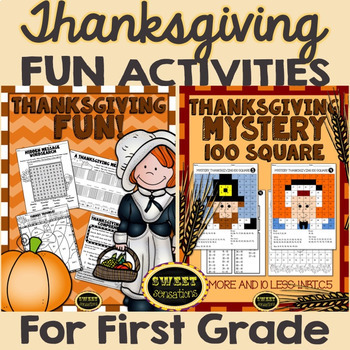 Preview of November Thanksgiving Worksheets First Grade Math and ELA | Mystery 100 Square