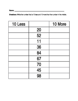 Preview of 10 More, 10 Less Worksheet