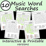 10 Music Word Searches INTERACTIVE or PRINTABLE Worksheets