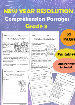 Preview of 10 "New Years Resolution 2024" Reading Comprehension Stories Passages Grade 3
