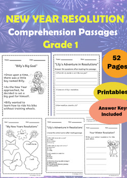 Preview of 10 "New Years Resolution 2024" Reading Comprehension Stories Passages Grade 1