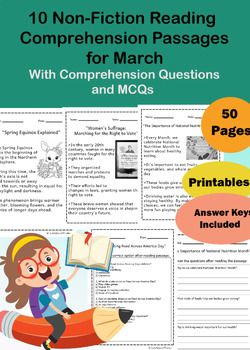 Preview of 10 Nonfiction March Reading Comprehension Passages and Questions, MCQs