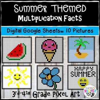 Preview of 10 Pixel Art | Summer Themed | 3rd-4th Math | Digital Multiplication Facts