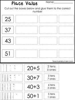Preview of 10 Place Value Worksheets.  Base 10, Tens and Ones, Expanded Form. KDG-1st Grade