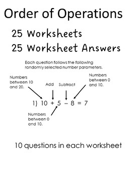Preview of 10 Positive Order of Operations Problems - 3 numbers - 25 Worksheets - Set 1
