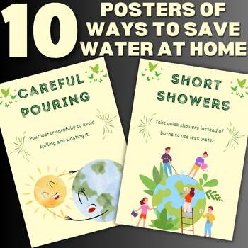 Preview of 10 Posters of 10 Ways to Save Water at Home Simple tips On earth day for kids