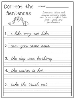 10 Printable Cursive Correct the Sentences Worksheets. by TeachMart