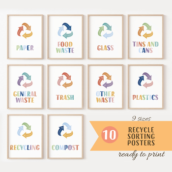 Preview of 10 Recycle Sorting Posters, Bin Sorting Prints, Bin Signs, Waste Sorting Posters