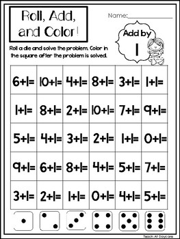 10 Roll, Add, and Color Printable Worksheets in PDF file. PreK-2nd