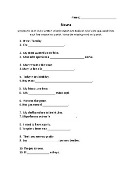 Preview of 10 Spanish Nouns Worksheet and Picture Cards