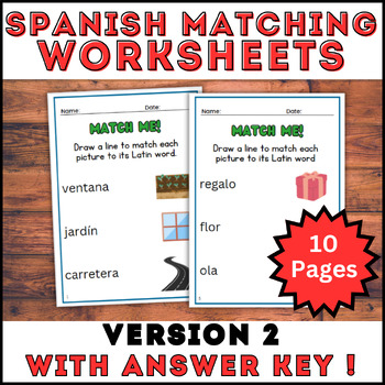 Preview of 10 Spanish to English Worksheets - Matching Vocabulary Words to Pictures Set 2